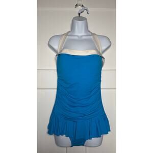Lauren Ralph Lauren Swimsuit Bathing Suit with Skirt SIZE 12 Blue White Tie Neck